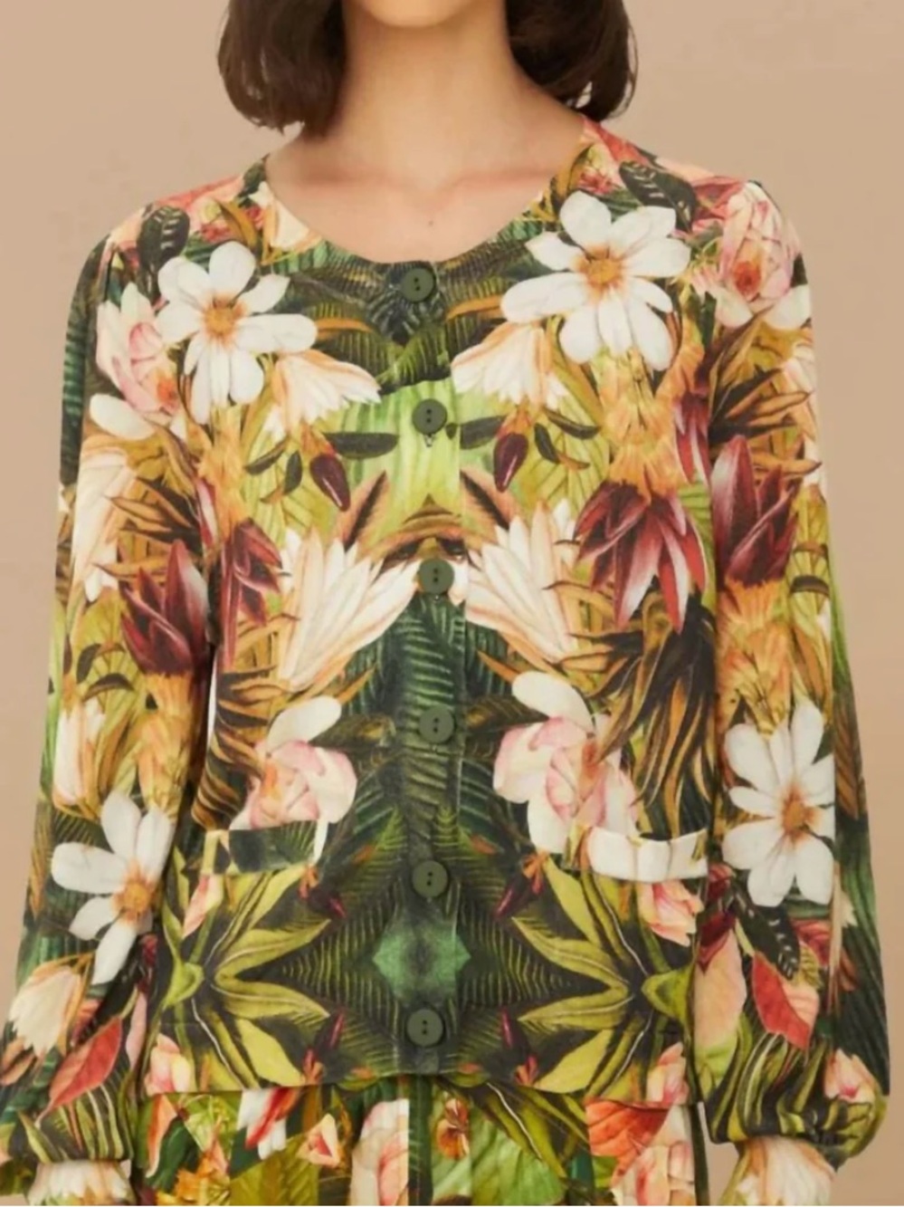 FARM Rio Botanical Forest Button Cardigan in Green, Cream & Pink